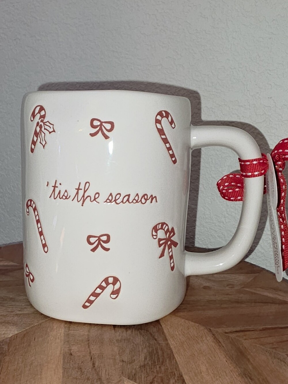Rae Dunn 'Tis the Season Candy Cane Ceramic Mug - Red on Cream